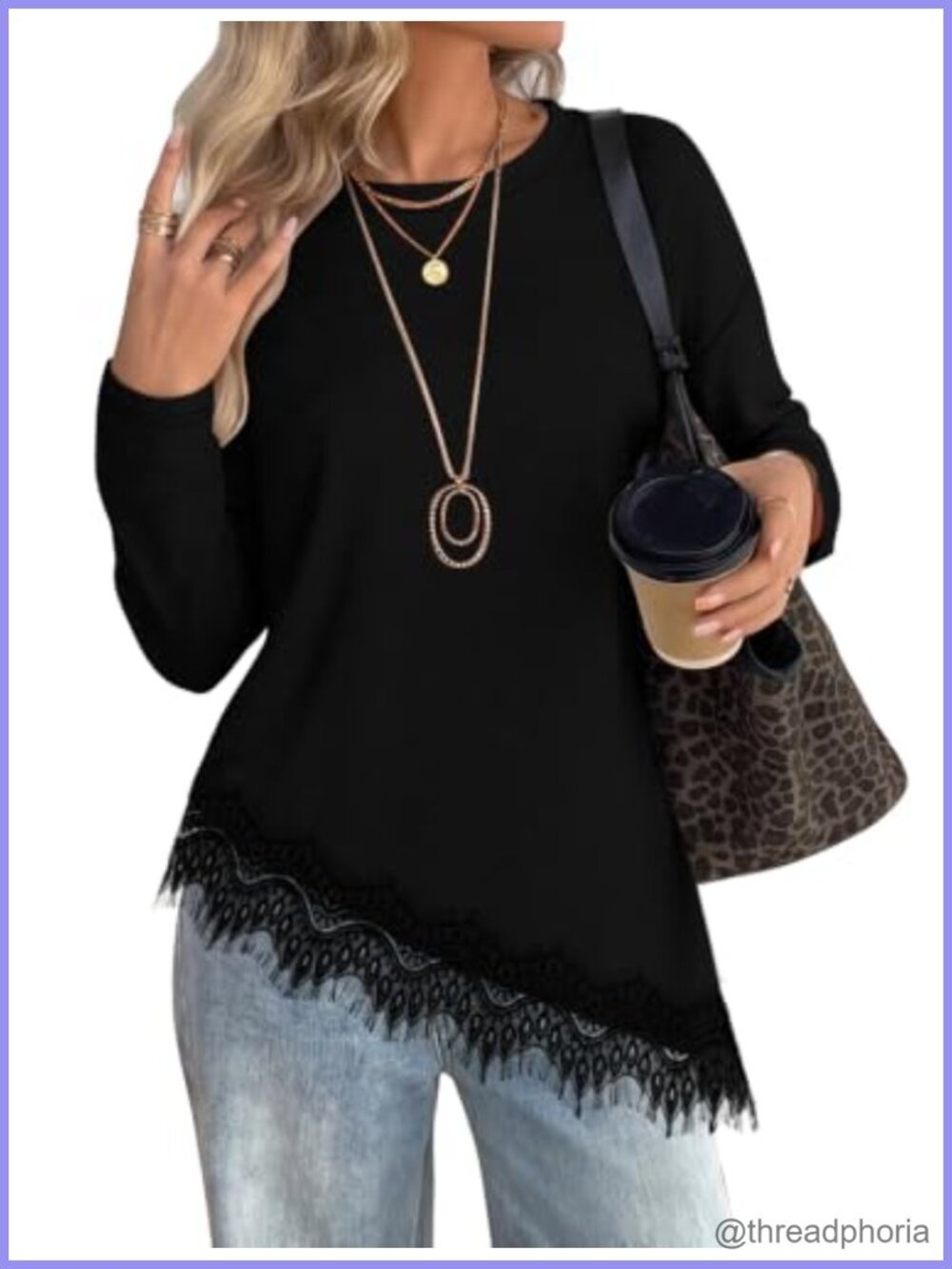 Womens Long Sleeve Lace Hem Tunic Top Fall Business Casual Blouse